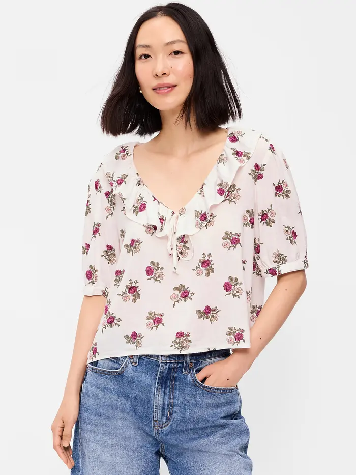 Ruffle Collar Tie-Front Top - White Floral