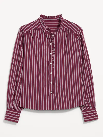 Ruffle-Front Button-Down Shirt - Burgundy Stripe