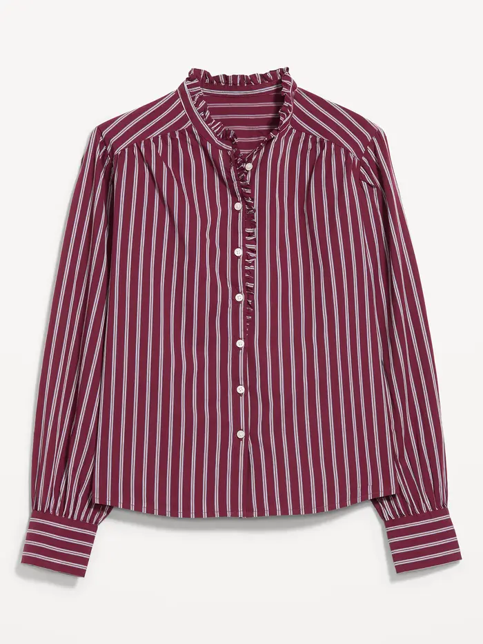 Ruffle-Front Button-Down Shirt - Burgundy Stripe