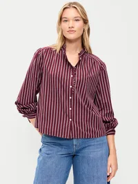 Ruffle-Front Button-Down Shirt - Burgundy Stripe — view 2