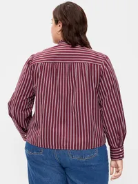 Ruffle-Front Button-Down Shirt - Burgundy Stripe — view 5