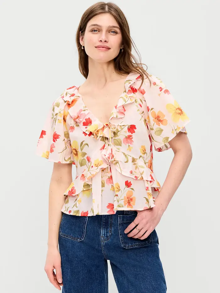 Ruffle Tie-Front Top - Pink Floral