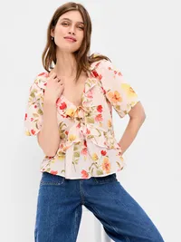 Ruffle Tie-Front Top - Pink Floral — view 3