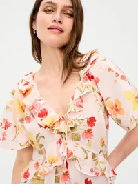 Ruffle Tie-Front Top - Pink Floral — view 4