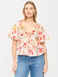 Ruffle Tie-Front Top - Pink Floral — view 5