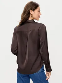 Satin Button-Down Shirt - Black Coffee — view 2