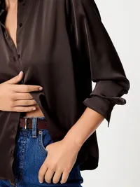 Satin Button-Down Shirt - Black Coffee — view 4
