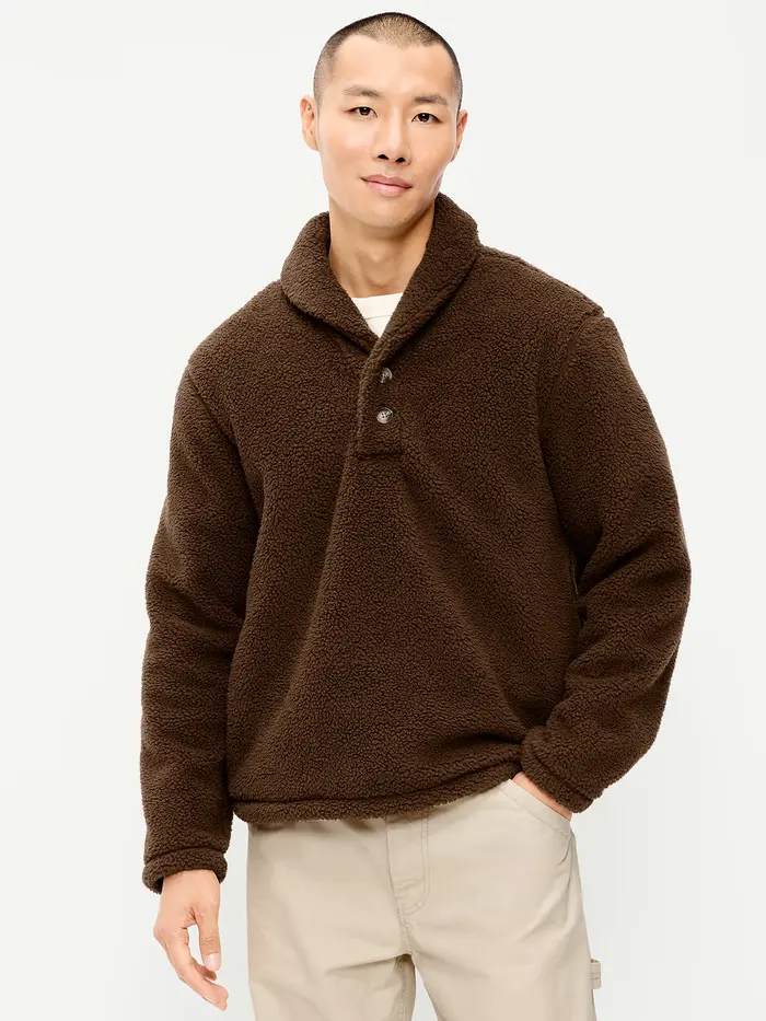 Shawl-Collar Sherpa Pullover - Dark Walnut