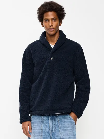 Shawl-Collar Sherpa Pullover - In the Navy
