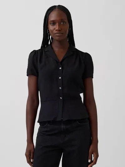 Sheer Button-Front Peplum Top - Black