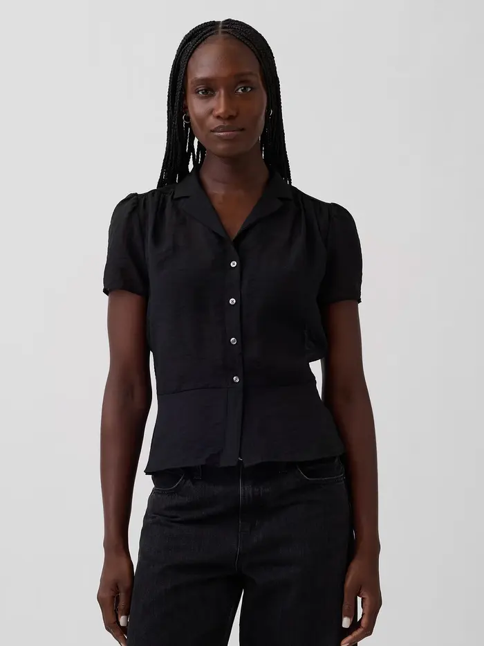 Sheer Button-Front Peplum Top - Black