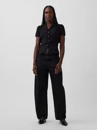 Sheer Button-Front Peplum Top - Black — view 2