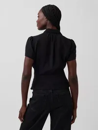 Sheer Button-Front Peplum Top - Black — view 3