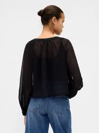 Sheer Button-Front Top - Black flocked dot — view 3