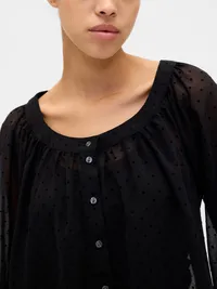 Sheer Button-Front Top - Black flocked dot — view 4