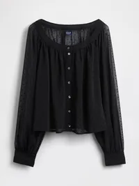 Sheer Button-Front Top - Black flocked dot — view 5