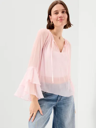 Sheer Chiffon Bell-Sleeve Top - Blush On You