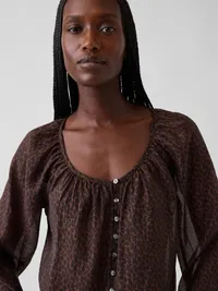 Sheer Voile Button-Front Top - Brown leopard print — view 4