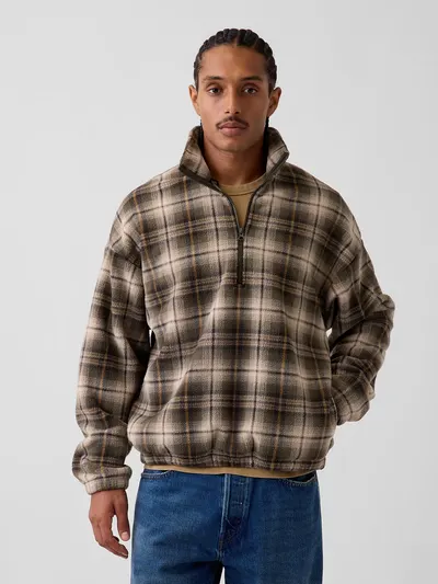 Sherpa Oversized Half-Zip Pullover - OLIVE GREEN PLAID