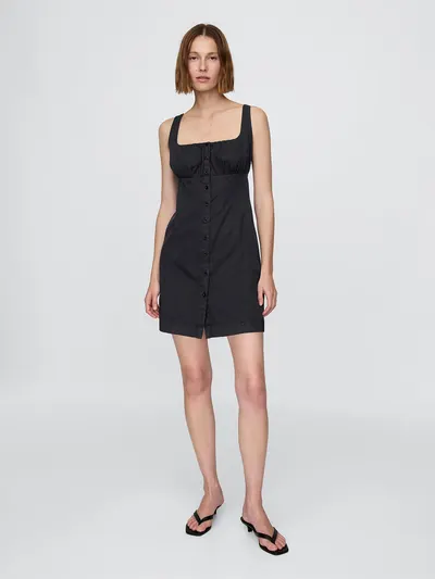 Shirred Button-Front Dress - True black
