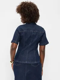 Short-Sleeve Button-Front Denim Top - Dark Wash — view 4