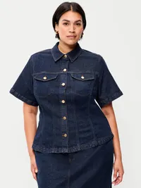 Short-Sleeve Button-Front Denim Top - Dark Wash — view 5