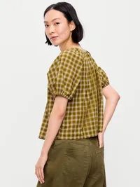 Short-Sleeve Button-Front Plaid Top - Green Plaid — view 2