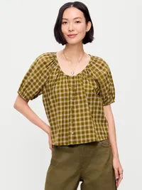 Short-Sleeve Button-Front Plaid Top - Green Plaid — view 4
