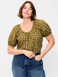 Short-Sleeve Button-Front Plaid Top - Green Plaid — view 5