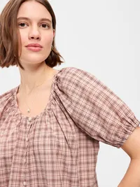 Short-Sleeve Button-Front Plaid Top - Pink Plaid — view 4