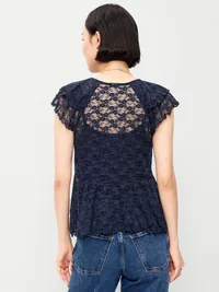 Short-Sleeve Open-Front Lace Ruffle Top - Arctic Depth — view 2