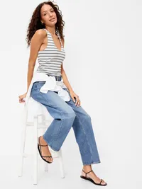 Sleeveless Ribbed Loop-Back Tank Top - Navy Stripe — view 3