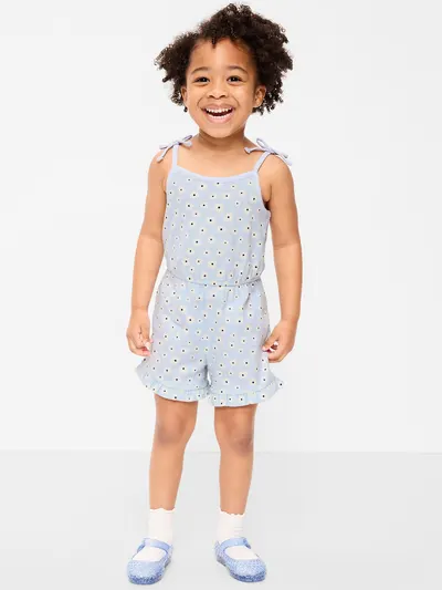 Sleeveless Tie-Bow Ribbed Romper for Toddler Girls - Blue Daisy
