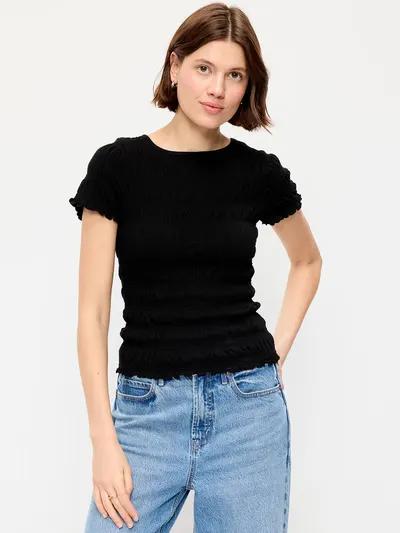Slit-Neck Smocked Top - Black Jack