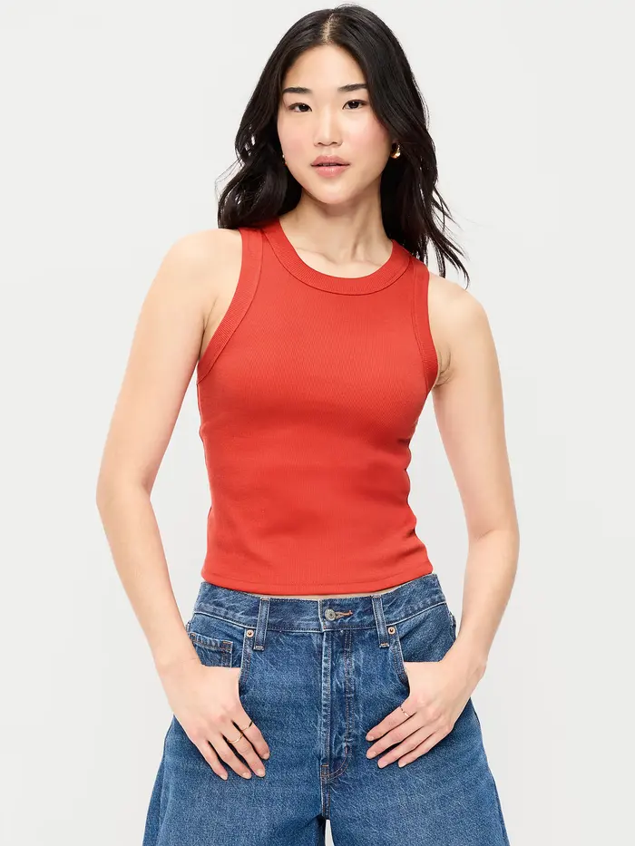 Snug Crop Ribbed Tank Top - Red Buttons
