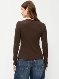 Snug Long-Sleeve Button-Front Ribbed Top - Earthen — view 2