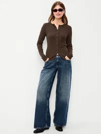 Snug Long-Sleeve Button-Front Ribbed Top - Earthen — view 3