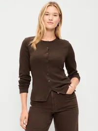 Snug Long-Sleeve Button-Front Ribbed Top - Earthen — view 5