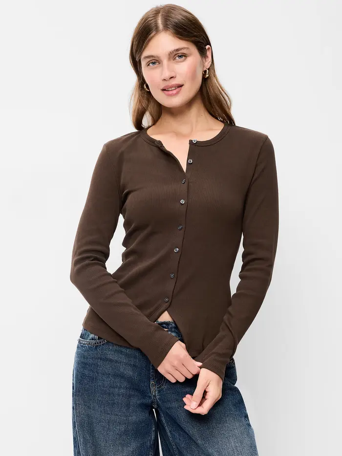 Snug Long-Sleeve Button-Front Ribbed Top - Earthen