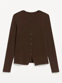 Snug Long-Sleeve Button-Front Ribbed Top - Earthen — view 4