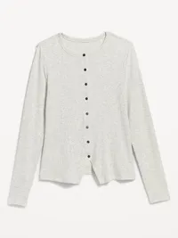 Snug Long-Sleeve Button-Front Ribbed Top - Light Heather Gray — view 4