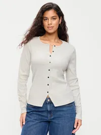 Snug Long-Sleeve Button-Front Ribbed Top - Light Heather Gray — view 5