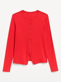 Snug Long-Sleeve Button-Front Ribbed Top - Scotty Red — view 4