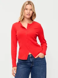 Snug Long-Sleeve Button-Front Ribbed Top - Scotty Red — view 5