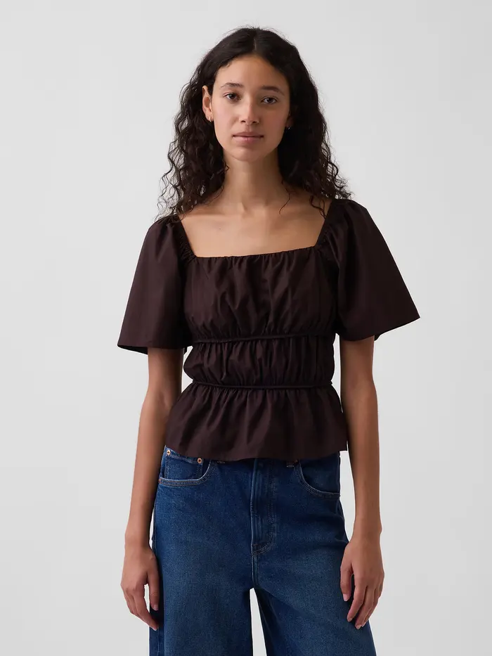 Square-Neck Peplum Top - Brown
