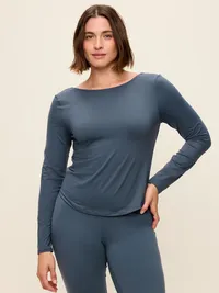 StudioSmooth Reversible Long-Sleeve Scoop-Back Top - Dusk Navy — view 2