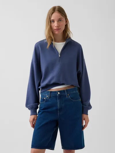 Textured Cotton Oversized Half-Zip Pullover - Blue