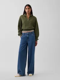 Textured Cotton Oversized Half-Zip Pullover - Olive green — view 2
