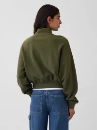 Textured Cotton Oversized Half-Zip Pullover - Olive green — view 3