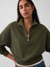 Textured Cotton Oversized Half-Zip Pullover - Olive green — view 4